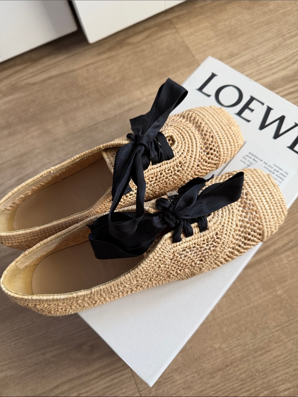 Loewe Natural Raffia Lace-Up Flats with Black Ribbon